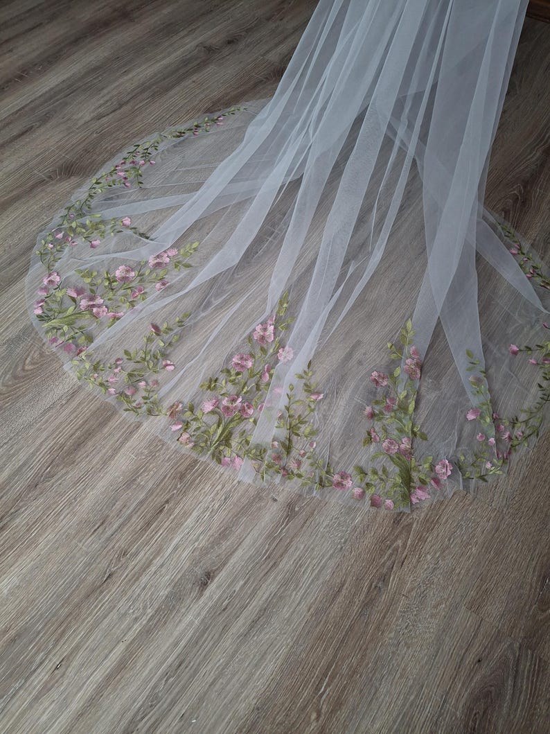 Vibrant bridal veil wild flowers embroidered floral veil wildflower Colorful fine veil Flowery Cathedral custom length veils from Ukraine image 2