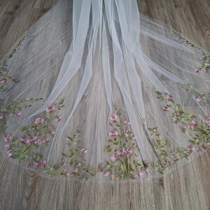 Vibrant bridal veil wild flowers embroidered floral veil wildflower Colorful fine veil Flowery Cathedral custom length veils from Ukraine image 8