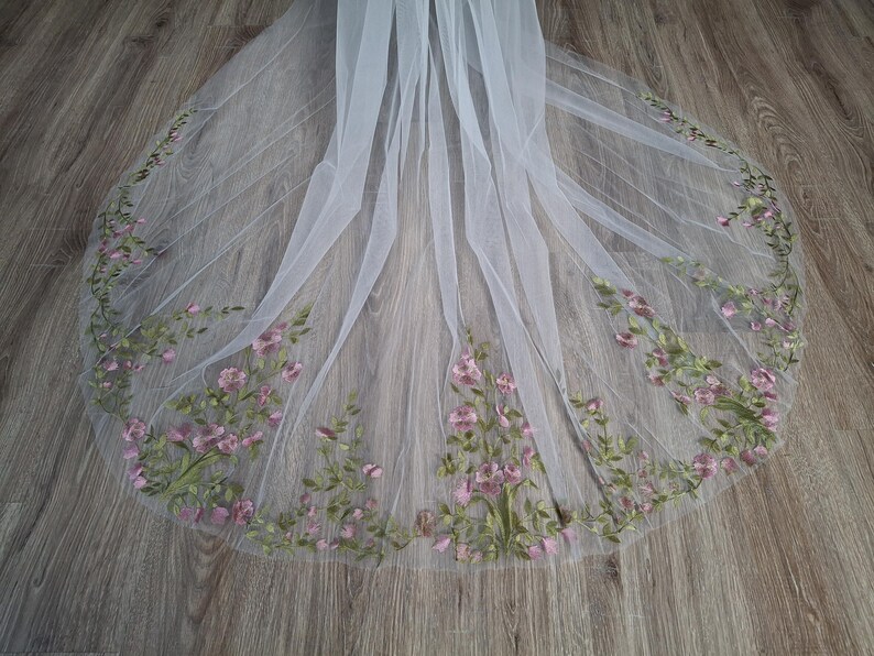Vibrant bridal veil wild flowers embroidered floral veil wildflower Colorful fine veil Flowery Cathedral custom length veils from Ukraine image 8