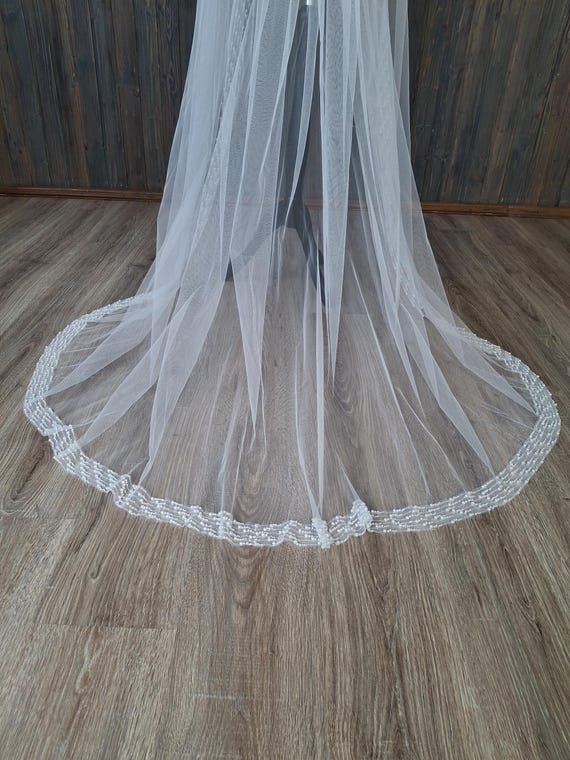 Cathedral Veil With Trim Pearl Ivory Wedding Veil Pearl Veil  display picture 1