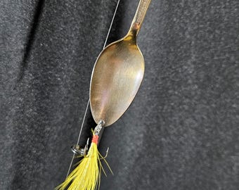 Reclaimed Spoon fishing lure gold with yellow feathers