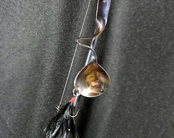 Reclaimed Spoon fishing lure gold purple blue with black feathers