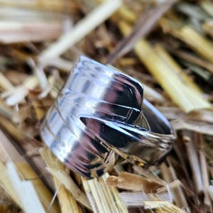 May include: A silver ring made from a twisted, folded piece of metal. The ring is sitting on a bed of straw.
