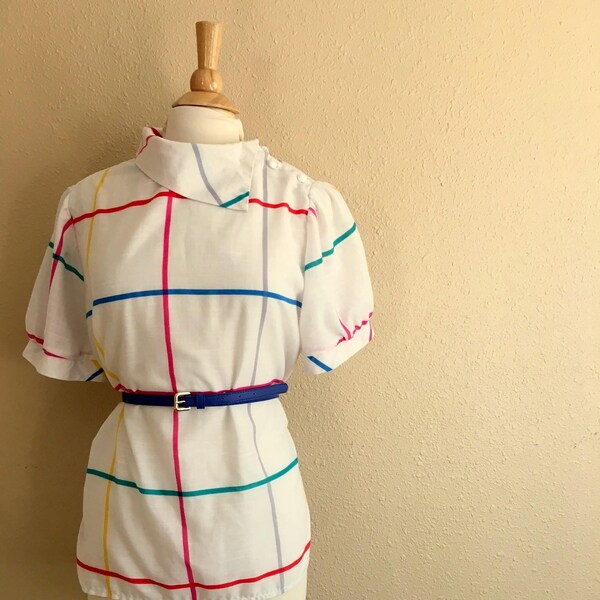 Vintage White Multicolored ASYMMETRICAL Collar Shirt / 1980s Regal Row Blouse / Womens Size Medium Large
