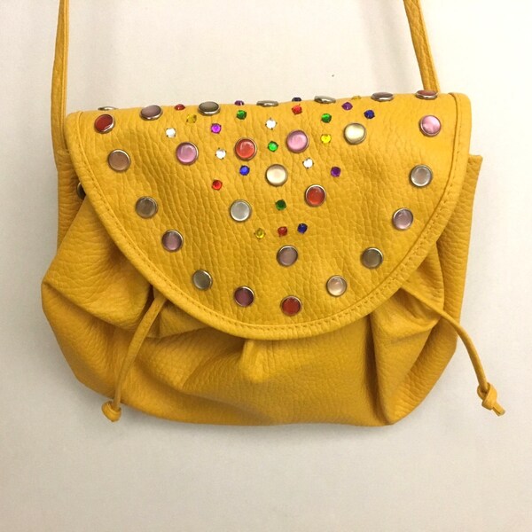 Vintage Marigold YELLOW Multicolored RHINESTONE Jeweled Purse / No Excuses Handbag / Colorful Crossbody BEDAZZLED Bag