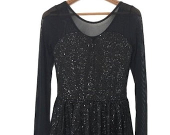 Vintage Black SEQUIN Bodysuit Sweetheart Dress By Balera / Long Sleeve One Piece Leotard