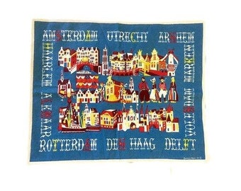 RARE 1950's Dutch Textile By Boris Van Wijk / Vintage Blue HOUSE Pattern Textile Wall Hanging / Abstract Dutch Textile Museum Handkerchief