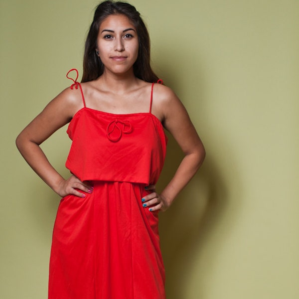 Vintage 70s CHERRY Red Spaghetti Strap Dress / Disco Dress / Lipstick Red Sundress / Womens Medium Large