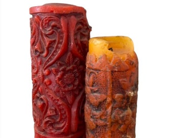 Vintage 1970's FLORAL Carved Candles - Red & Orange Brocade Pillar Candles