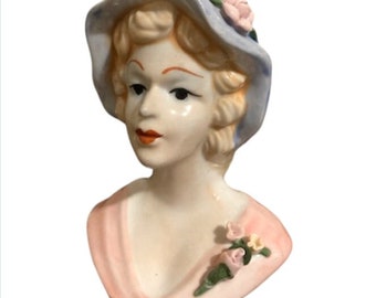 Vintage Lady Head Vase - Ceramic Lady with Hat Plant Holder