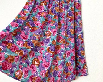 VINTAGE Purple Floral Midi Skirt - 80's Flower Pattern Knee Length Skirt