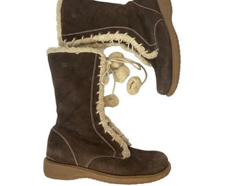 Vintage Brown Suede Lambswool Boots - Henri-Pierre -  Women's Size 11