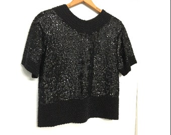 Vintage 60's Black Beaded Sequin Blouse - Hand Trimmed IMPERIAL Imports Sequins Shirt - 1960's Cocktail Evening Blouse