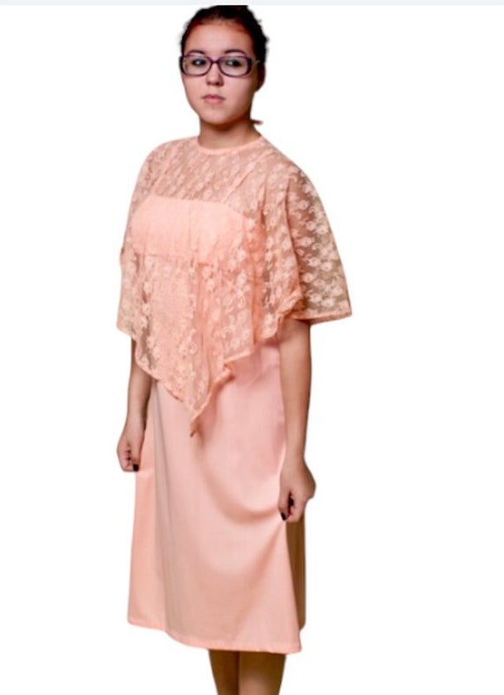 Vintage 60s PEACH Dress With Floral LACE Cape - Tw