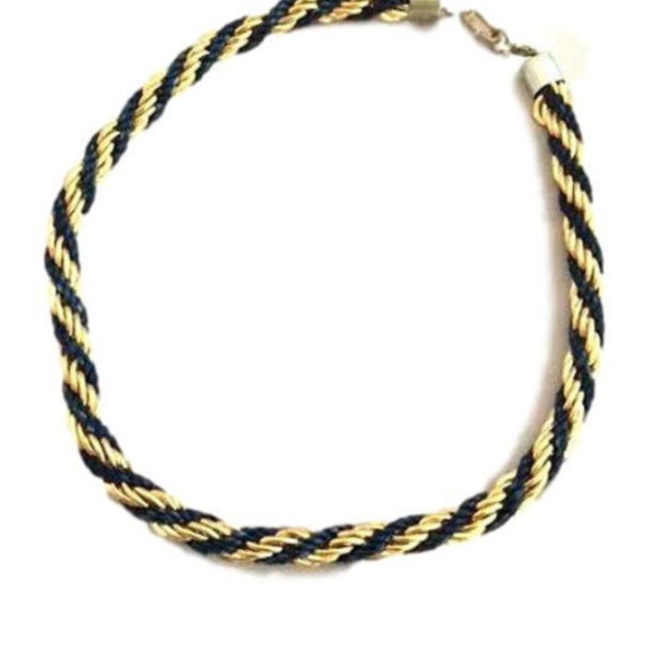 Vintage 80's Blue & Gold Rope Necklace -  Navy and Gold Twisted Necklace