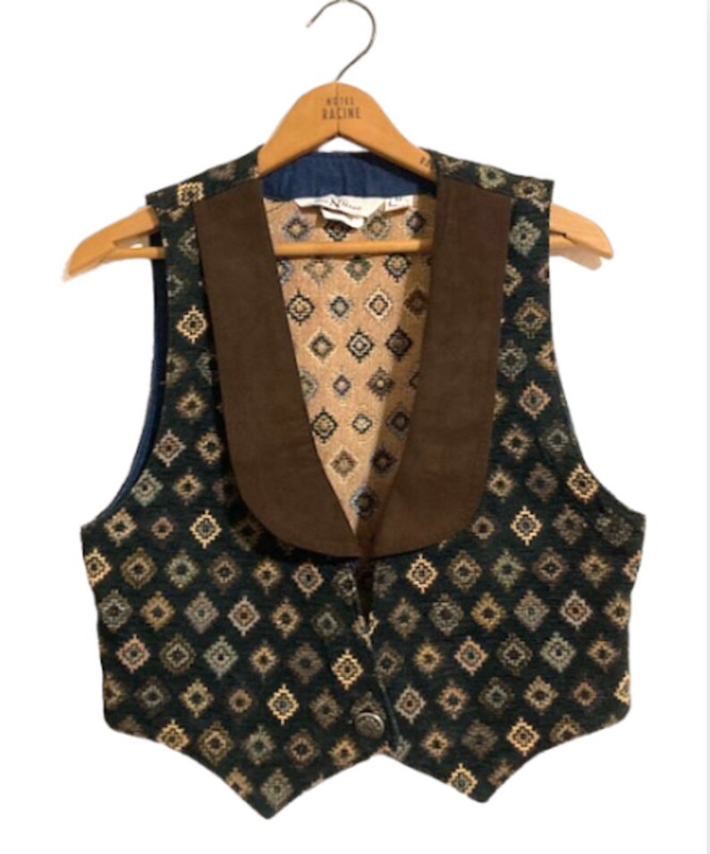 Vintage TAPESTRY Black & Brown Vest Cropped Southwestern Vest Medium image 2