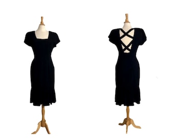 Vintage Black CRISS CROSS Flare Bottom Dress - 80s 90s Cutout Wiggle Dress - Women's Medium