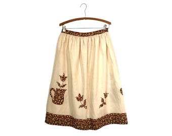 Vintage 70's Cream & Brown Calico FLORAL Skirt - Bohemian Hippie Prairie Skirt - Women's Small