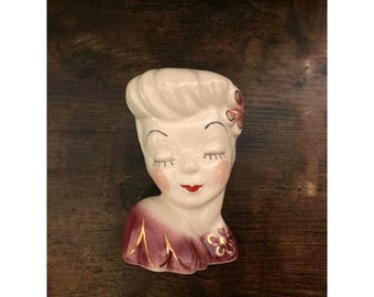 1950's Pin-up Lady Wall Pocket Planter - Red Lips Glamour Girl Head Vase