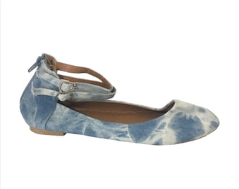 VINTAGE Acid Wash Ankle Strap Flats - Size 7 - Denim Stonewash Shoes - Blue Jean Flat Shoes