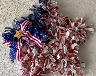 Patriotic Star Wreath, patriotic decor, Star rag wreath, USA rag wreath, tattered flag wreath, door wreath, star wreath, 4th of July wreath