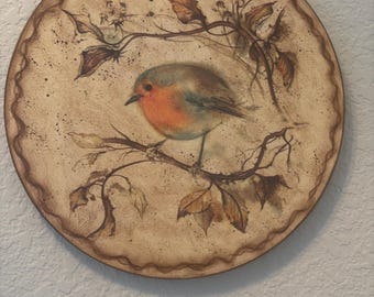 Handmade Robin Bird Wood Plaque, decoupaged round plaque