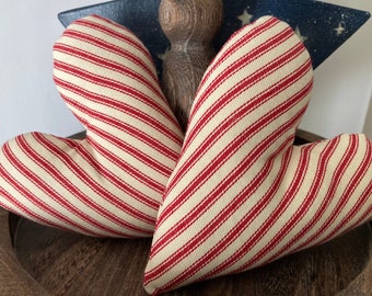 4th of July Heart decor, patriotic decor, fabric hearts, ticking stripe fabric decor, farmhouse tier tray decor, tier tray, ticking stripe