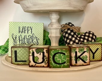 St. Patrick’s Day decor, Wood blocks decor, tier tray decor, farmhouse decor, Lucky decor, decoupage wood blocks, tier tray, shelf sitter