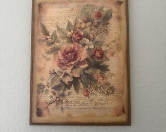 Floral Art Plaque, decoupaged roses, wall hanger, vintage florals