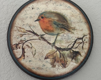 Decoupaged Robin Bird Plaque, Distressed Wood Wall Decor, Bird Lover Gift