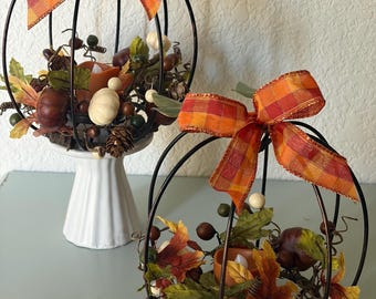 Pumpkin Wire Lantern, Fall candleholder, rustic centerpiece, shelf sitter