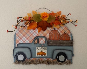 Fall Blue Truck Hanger, Pumpkin floral truck
