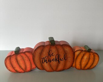 Hand painted Wood Pumpkin Trio Shelf Sitter, (2 sides) Jack-o-lantern Fall Decor