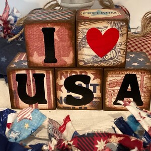 USA Wood Blocks, patriotic blocks, USA flag blocks, Americana decor, tier tray decor, farmhouse decor