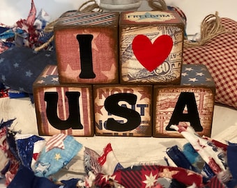 USA Wood Blocks, patriotic blocks, USA flag blocks, Americana decor, tier tray decor, farmhouse decor