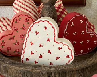 Handpainted Wood Hearts, Valentine Hearts decor, heart decor, handpainted Valentine's Day decor, set of wood hearts