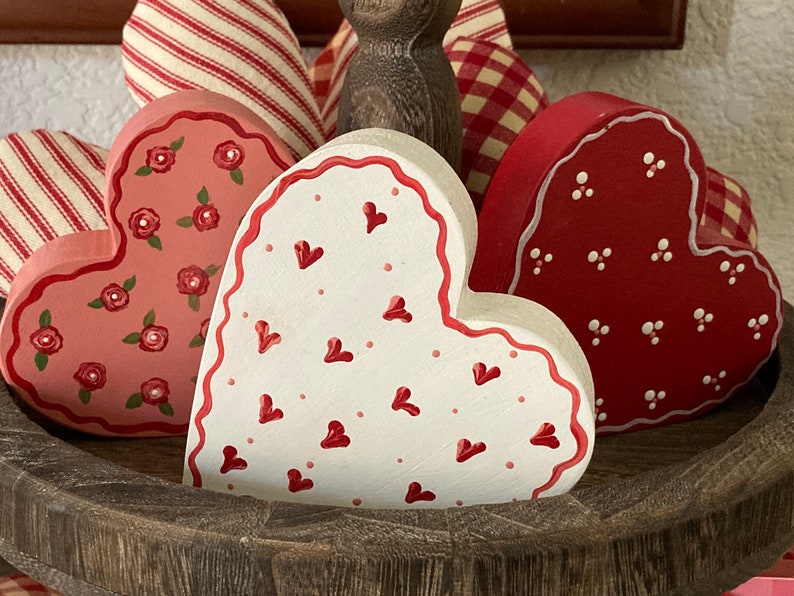 Handpainted Wood Hearts, Valentine Hearts decor, heart decor, handpainted Valentine's Day decor, set of wood hearts image 1