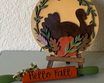 Handmade Turkey Wood Round Sign, Fall Tier Tray Decor