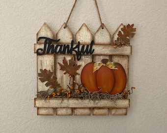 Hand Painted Primitive Fall Fence Decor, Pumpkin, Leaves and Thankful Sign