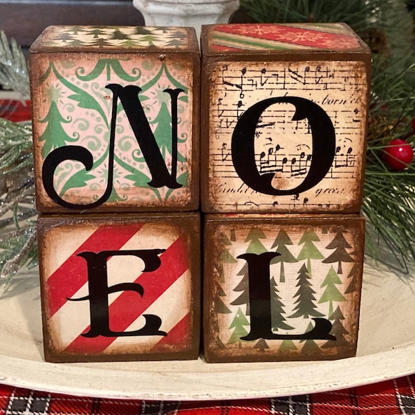 NOEL Wood Christmas Blocks, Farmhouse Tier Tray Decor