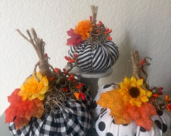 Handmade Fabric Pumpkins, black and white, shelf sitters