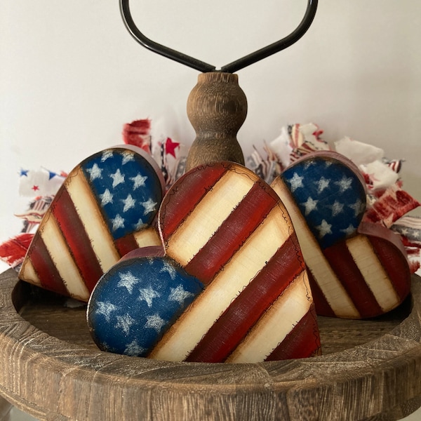 USA Flag handpainted Wood Hearts, tier tray decor, handpainted,  shelf sitters, tabletop decor, patriotic decor, bowl fillers, A flag decor