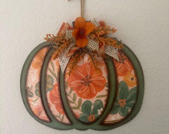 Handmade Pumpkin Hanger, wooden pumpkin, harvest decor, decoupaged wood pumpkin