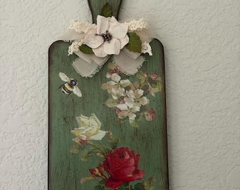 Handmade  Floral  Cutting Board Wall Decor with Bee and Roses, Aged Finish Hanger