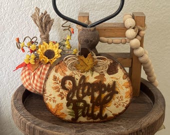 Handmade Decoupaged  Wood Pumpkin, Fall Decor, Tier Tray Shelf Sitter