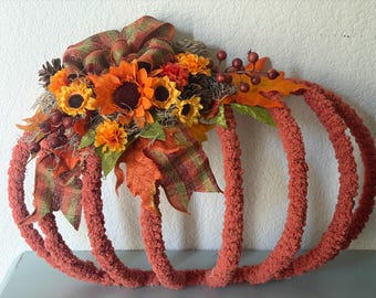 Handmade Wired Yarn Pumpkin, fall pumpkin hanger, floral wire wall hanging