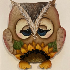 Handpainted owl magnet, sunflower decor,whimsical decor, hand painted, refrigerator magnet, kitchen decor, kitchen magnet image 1