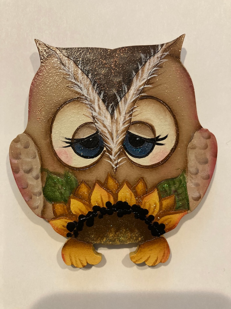 Handpainted owl magnet, sunflower decor,whimsical decor, hand painted, refrigerator magnet, kitchen decor, kitchen magnet image 1