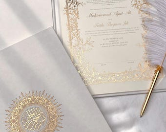 Personalised Gold Foiled Nikkah Certificate: Islamic Wedding Contract, Premium Linen Folder, Islamic Marriage Contract, Muslim Keepsake