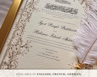 Luxury Nikkah Certificate: Islamic Wedding Contract, Personalized Names, with Gold Frame and Feather Pen